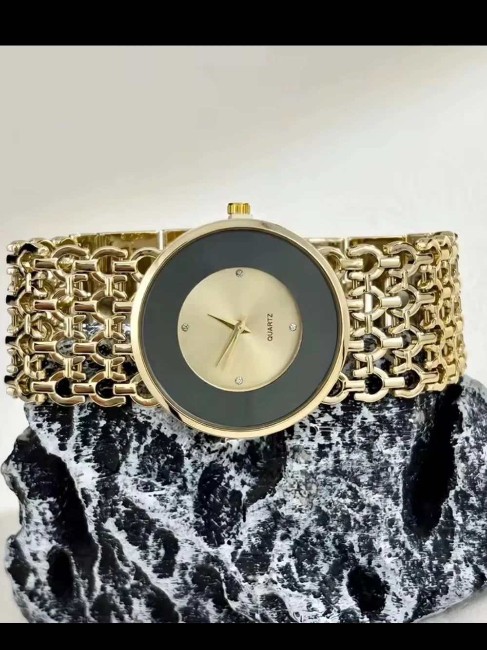 Anthropologie Gold and Black Round Quartz Bracelet Watch